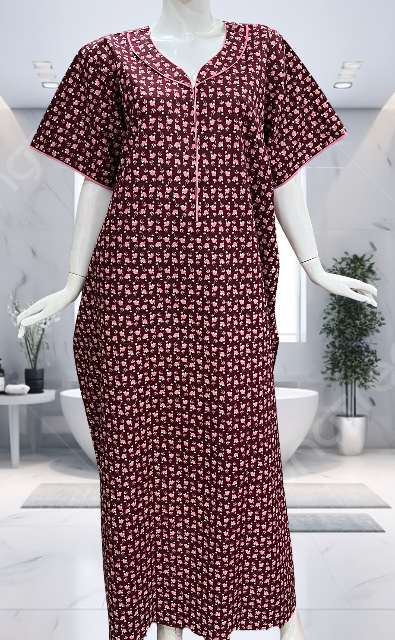 Maroon Tiny Floral Pure Cotton Nighty. Pure Durable Cotton | Laces and Frills
