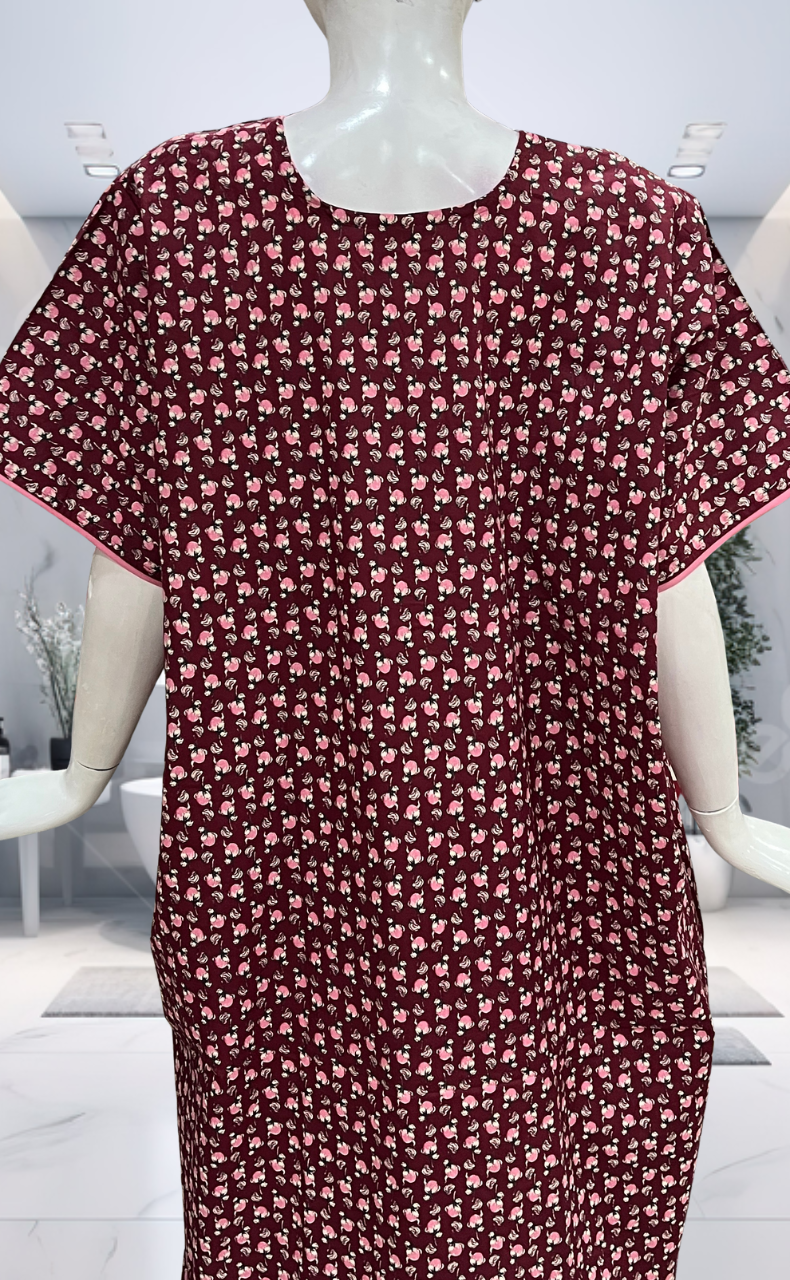 Maroon Tiny Floral Pure Cotton Nighty. Pure Durable Cotton | Laces and Frills