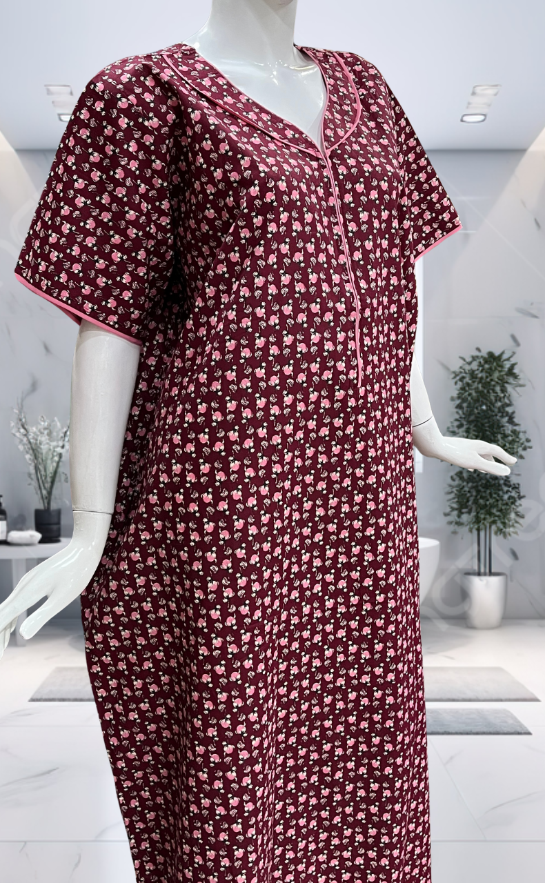 Maroon Tiny Floral Pure Cotton Nighty. Pure Durable Cotton | Laces and Frills
