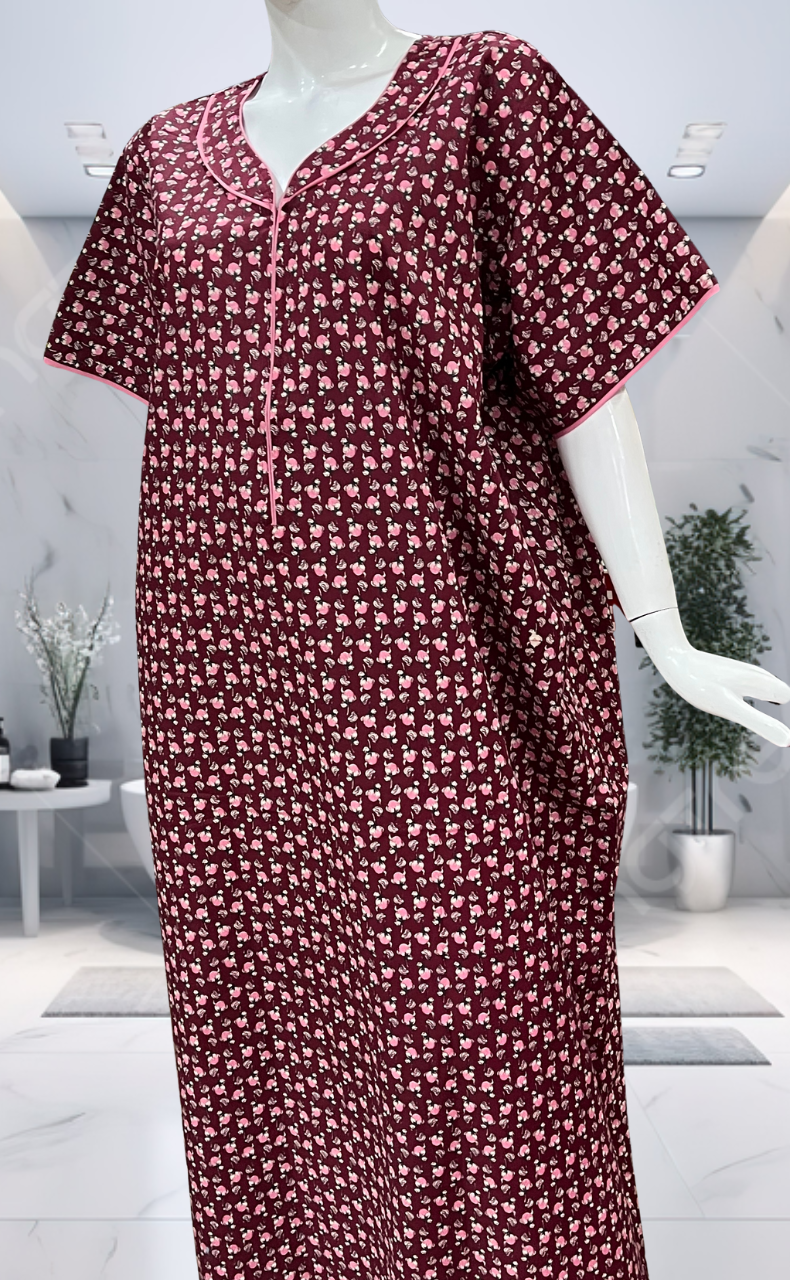 Maroon Tiny Floral Pure Cotton Nighty. Pure Durable Cotton | Laces and Frills