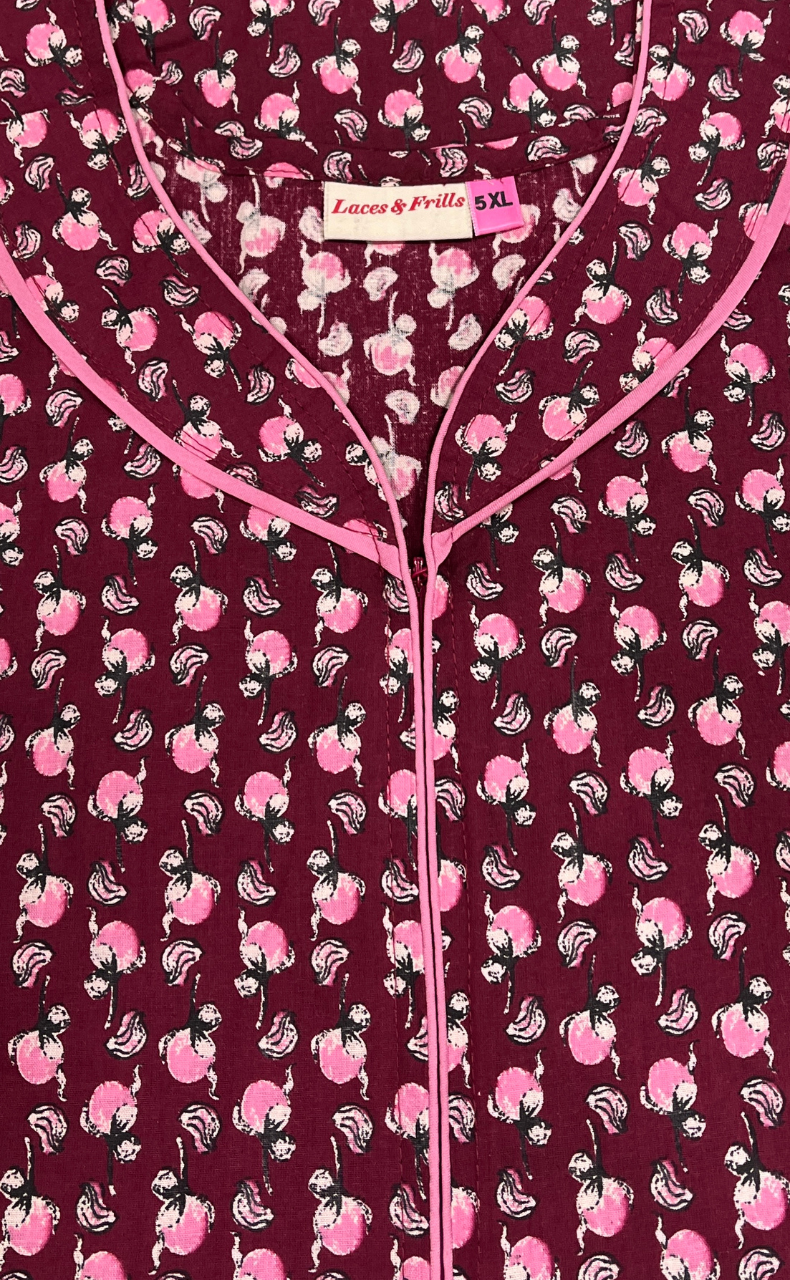 Maroon Tiny Floral Pure Cotton Nighty. Pure Durable Cotton | Laces and Frills