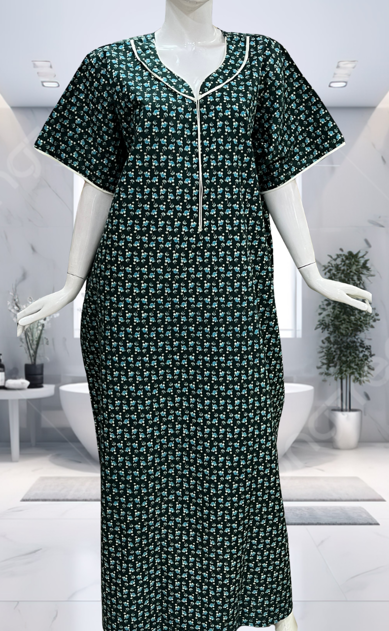 Bottle Green Tiny Floral Pure Cotton Nighty. Pure Durable Cotton | Laces and Frills