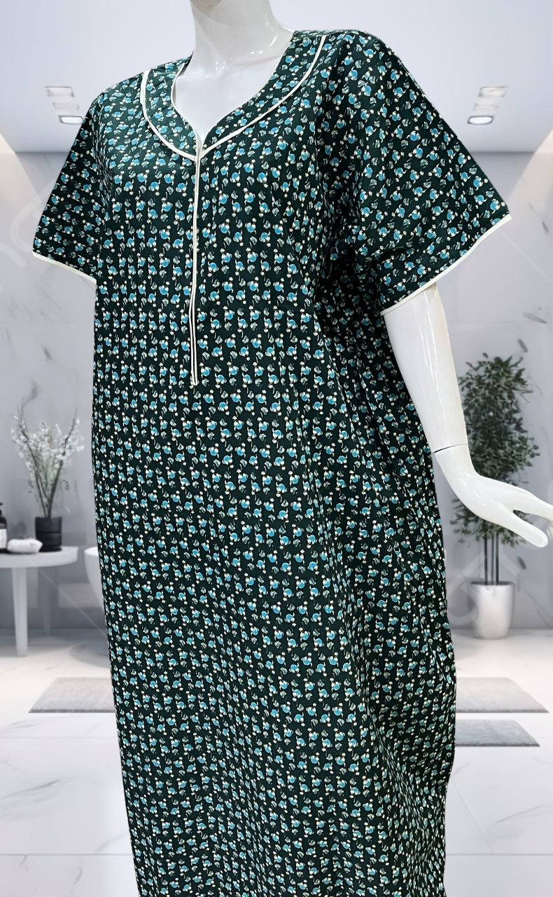 Bottle Green Tiny Floral Pure Cotton Nighty. Pure Durable Cotton | Laces and Frills
