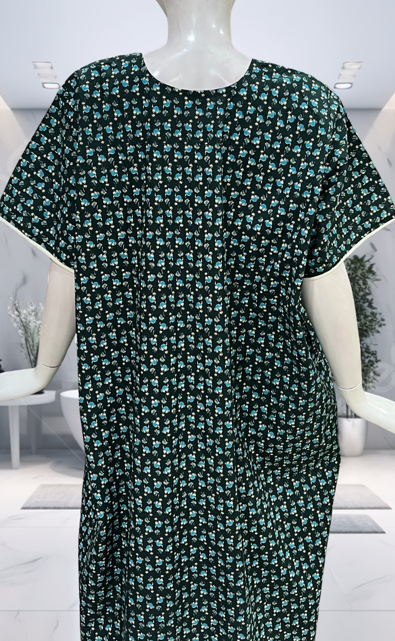 Bottle Green Tiny Floral Pure Cotton Nighty. Pure Durable Cotton | Laces and Frills