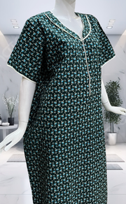 Bottle Green Tiny Floral Pure Cotton Nighty. Pure Durable Cotton | Laces and Frills