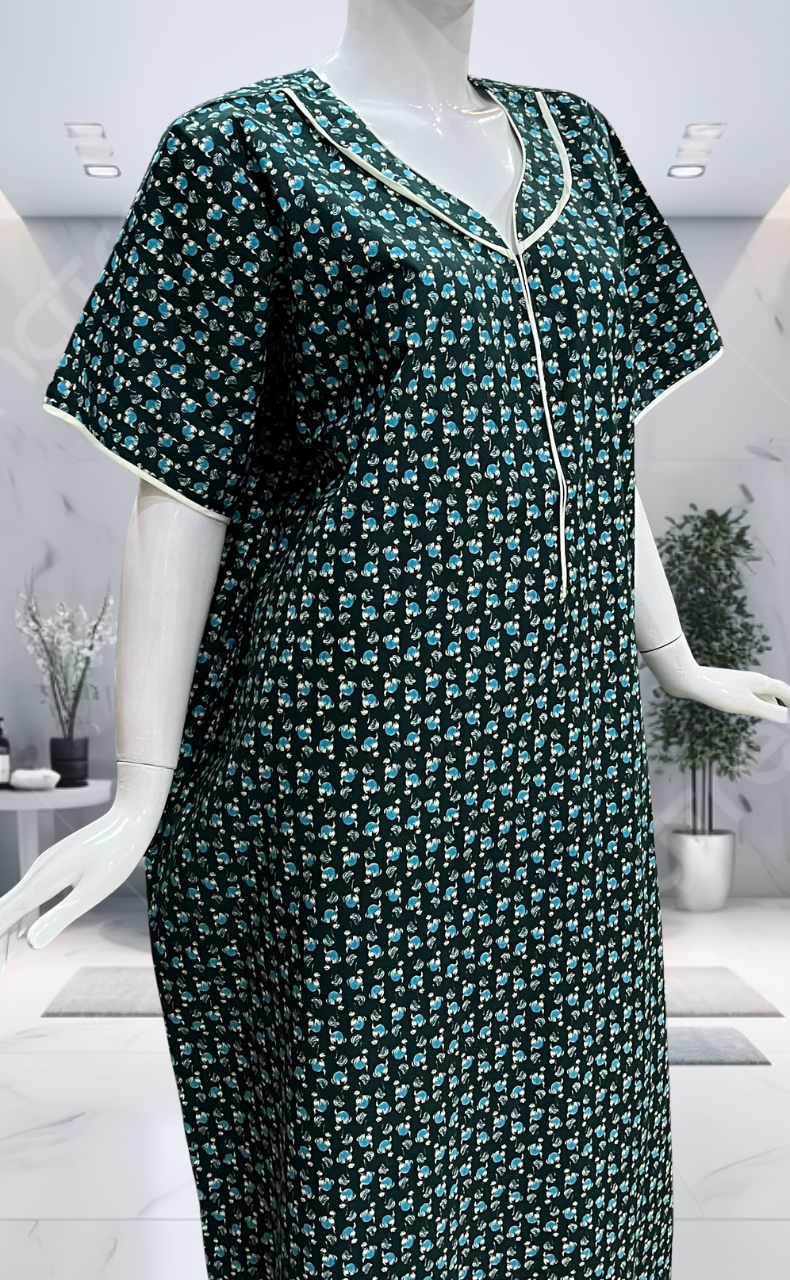 Bottle Green Tiny Floral Pure Cotton Nighty. Pure Durable Cotton | Laces and Frills