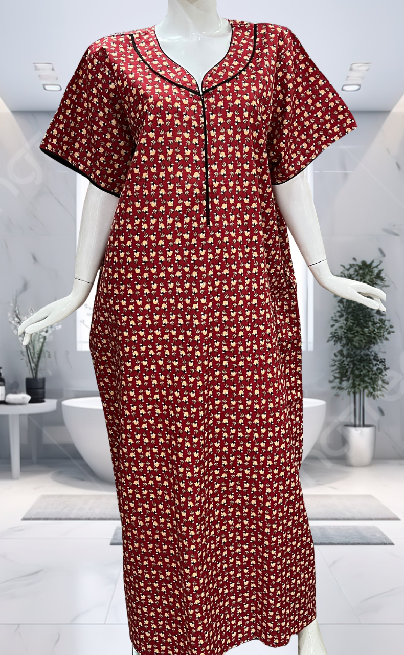 Red Tiny Floral Pure Cotton Nighty. Pure Durable Cotton | Laces and Frills