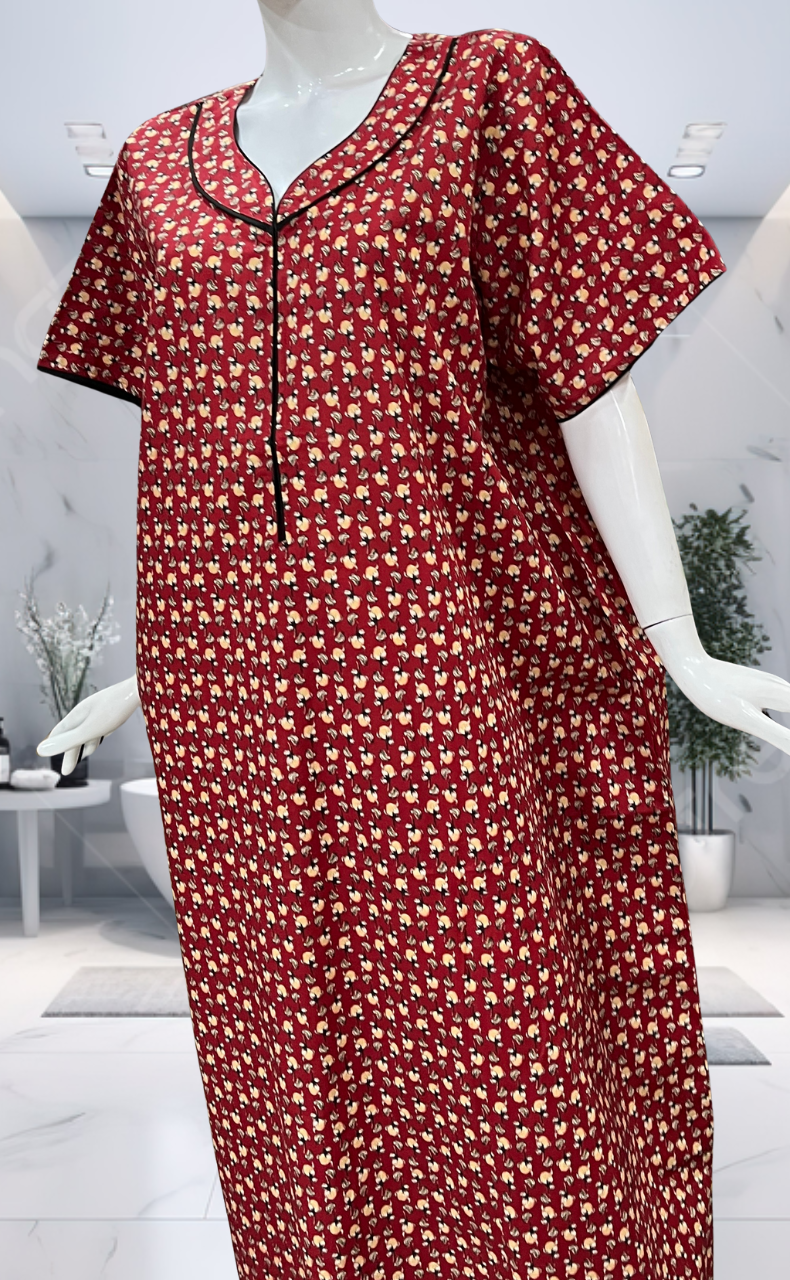 Red Tiny Floral Pure Cotton Nighty. Pure Durable Cotton | Laces and Frills
