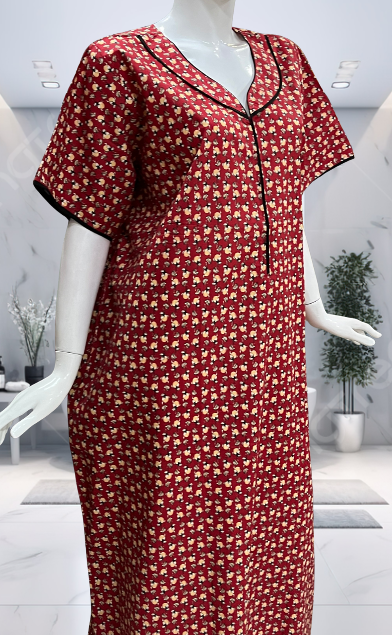 Red Tiny Floral Pure Cotton Nighty. Pure Durable Cotton | Laces and Frills