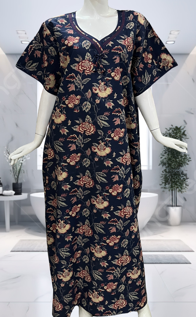 Navy Blue Garden Pure Cotton Nighty. Pure Durable Cotton | Laces and Frills