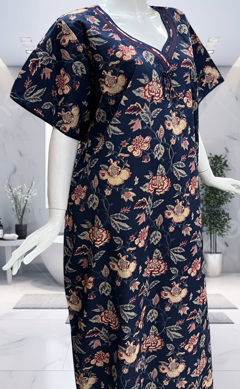 Navy Blue Garden Pure Cotton Nighty. Pure Durable Cotton | Laces and Frills