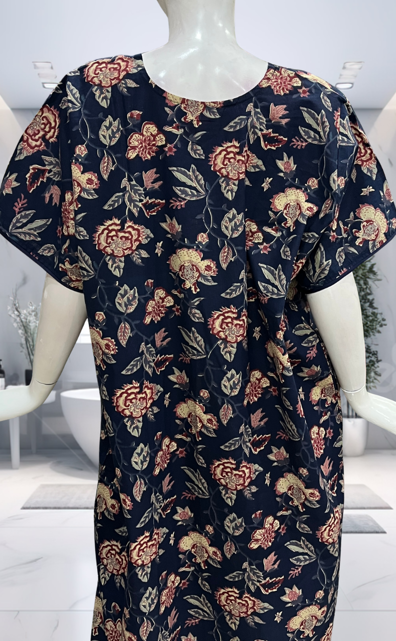 Navy Blue Garden Pure Cotton Nighty. Pure Durable Cotton | Laces and Frills