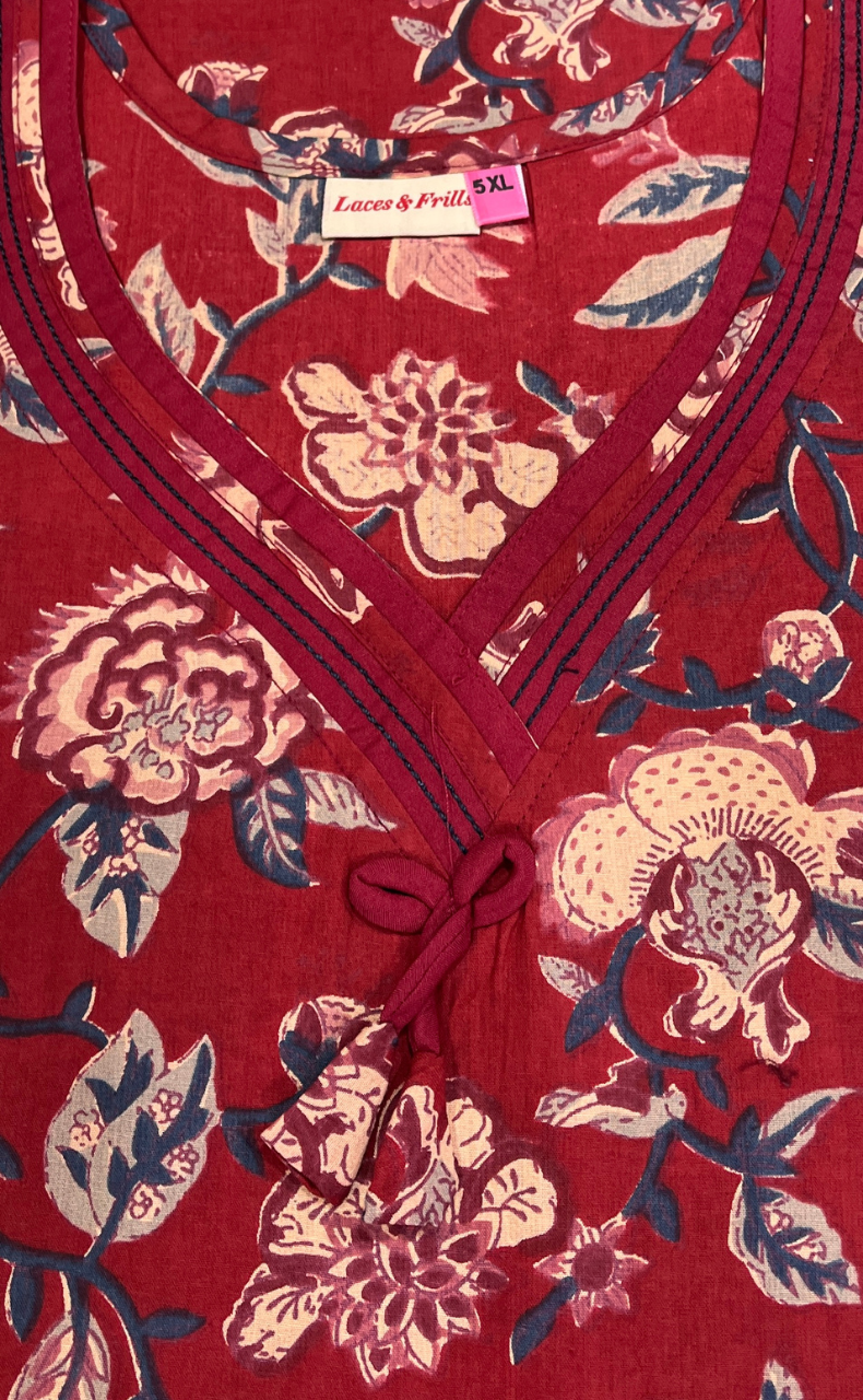 Maroon Garden Pure Cotton Nighty. Pure Durable Cotton | Laces and Frills