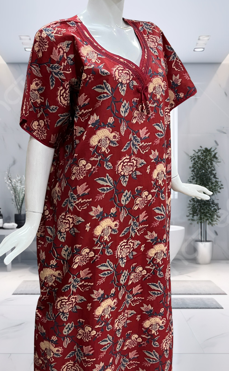 Maroon Garden Pure Cotton Nighty. Pure Durable Cotton | Laces and Frills