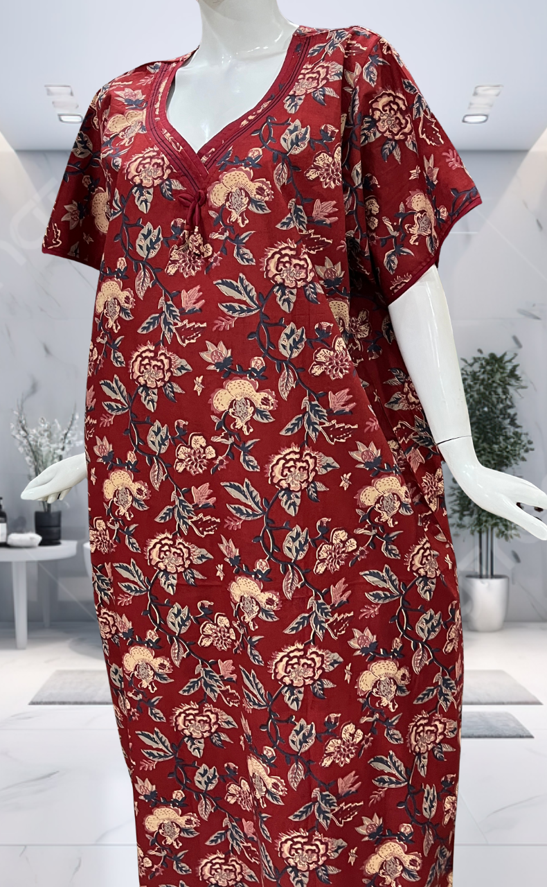 Maroon Garden Pure Cotton Nighty. Pure Durable Cotton | Laces and Frills
