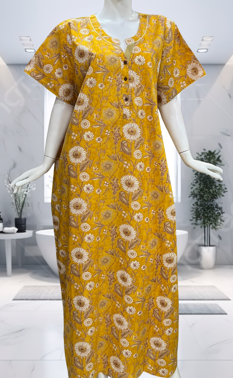 Yellow Garden Pure Cotton Nighty. Pure Durable Cotton | Laces and Frills