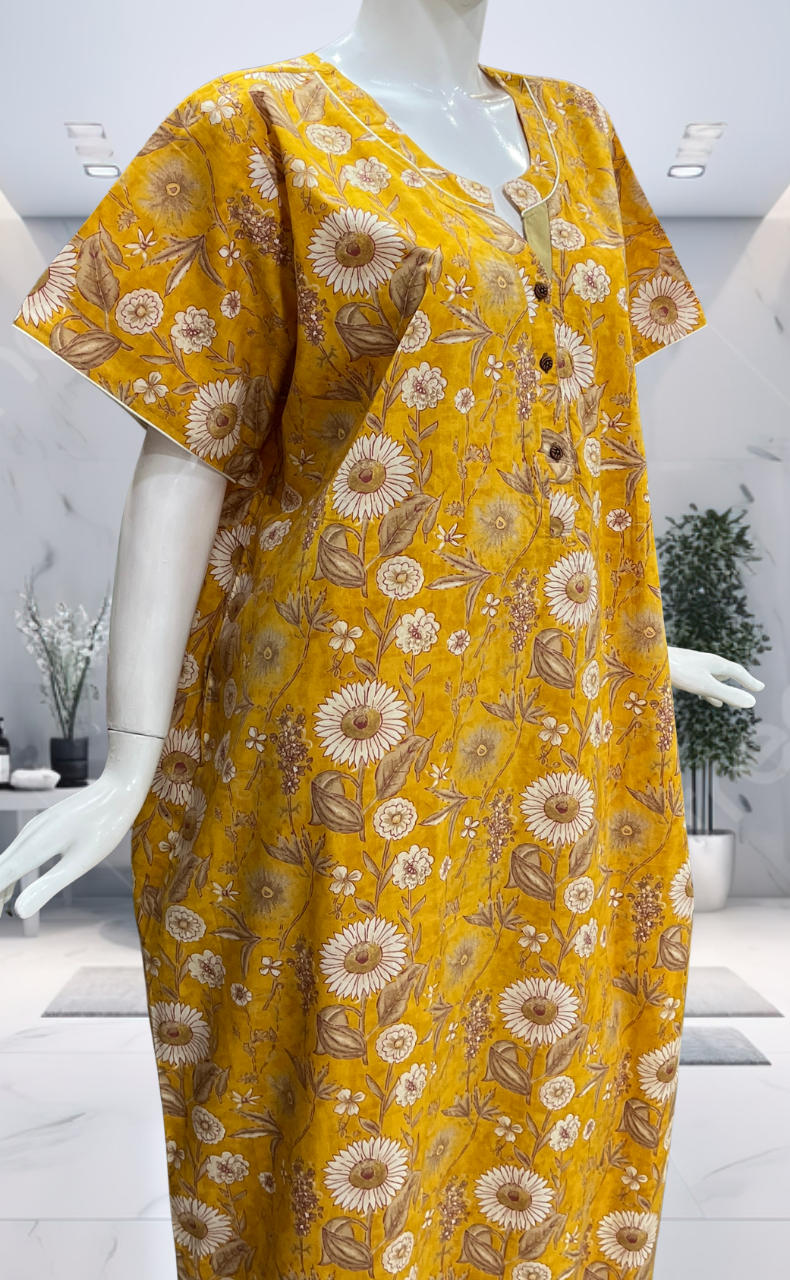Yellow Garden Pure Cotton Nighty. Pure Durable Cotton | Laces and Frills