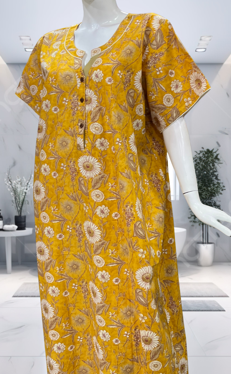 Yellow Garden Pure Cotton Nighty. Pure Durable Cotton | Laces and Frills