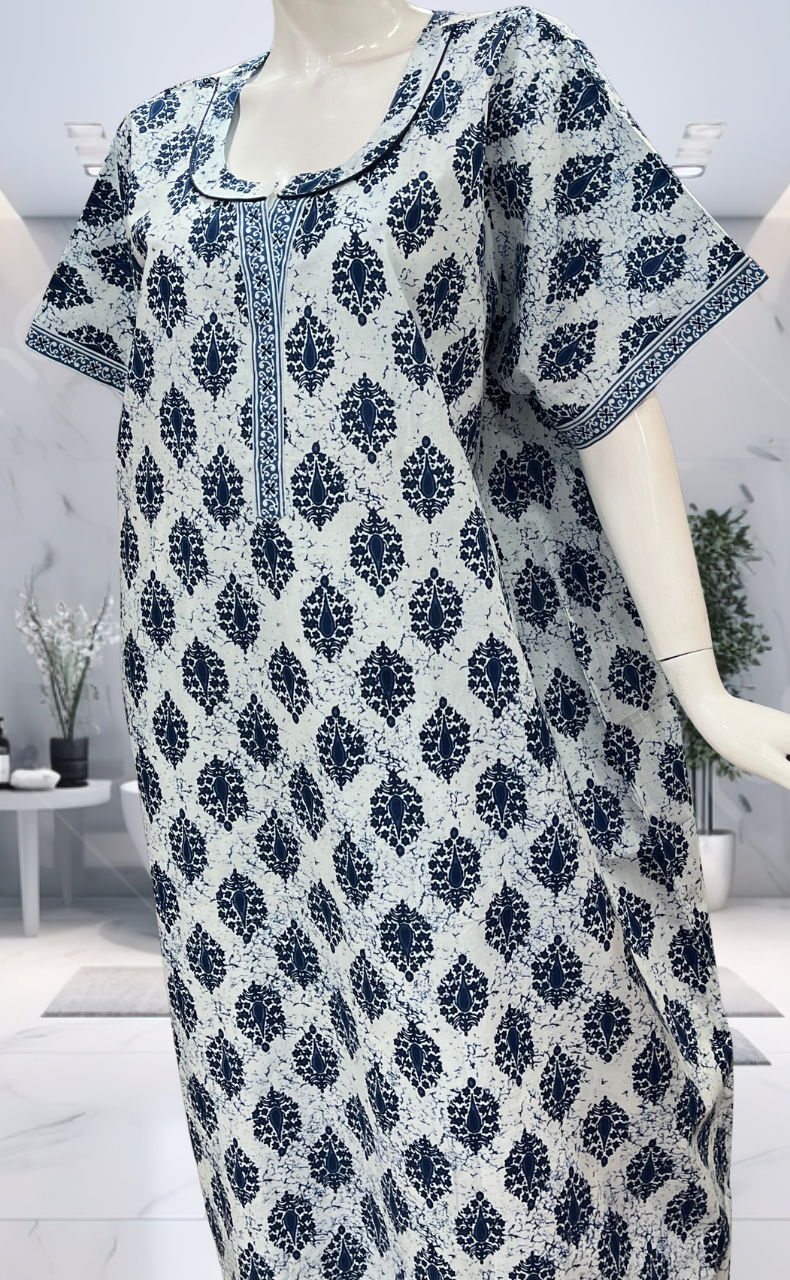 Blue Ethnic Print Pure Cotton Nighty. Pure Durable Cotton | Laces and Frills