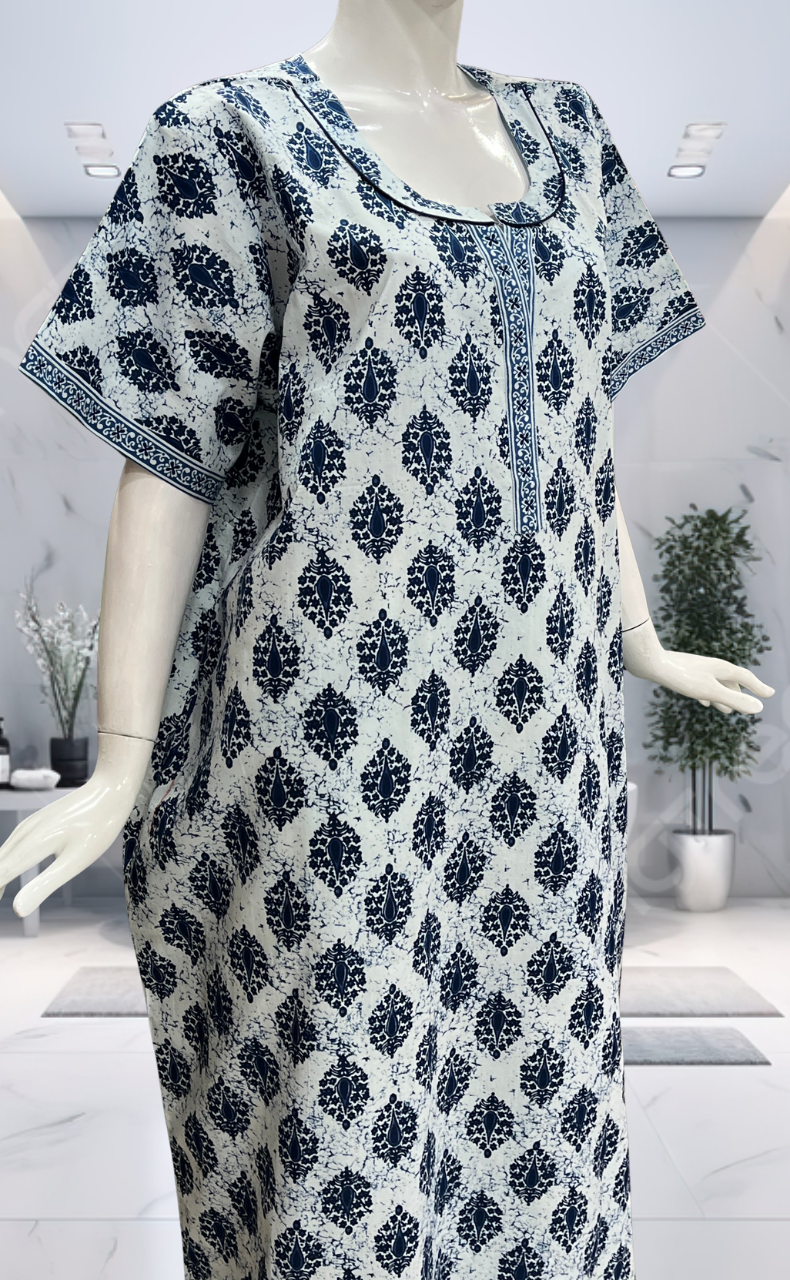 Blue Ethnic Print Pure Cotton Nighty. Pure Durable Cotton | Laces and Frills