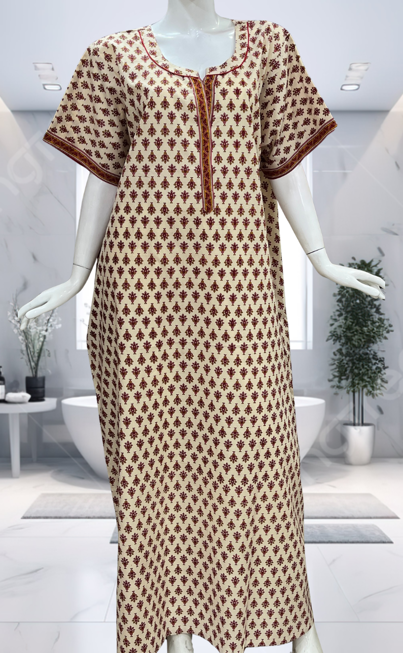 Off White/Red Tiny Flora Pure Cotton Nighty. Pure Durable Cotton | Laces and Frills