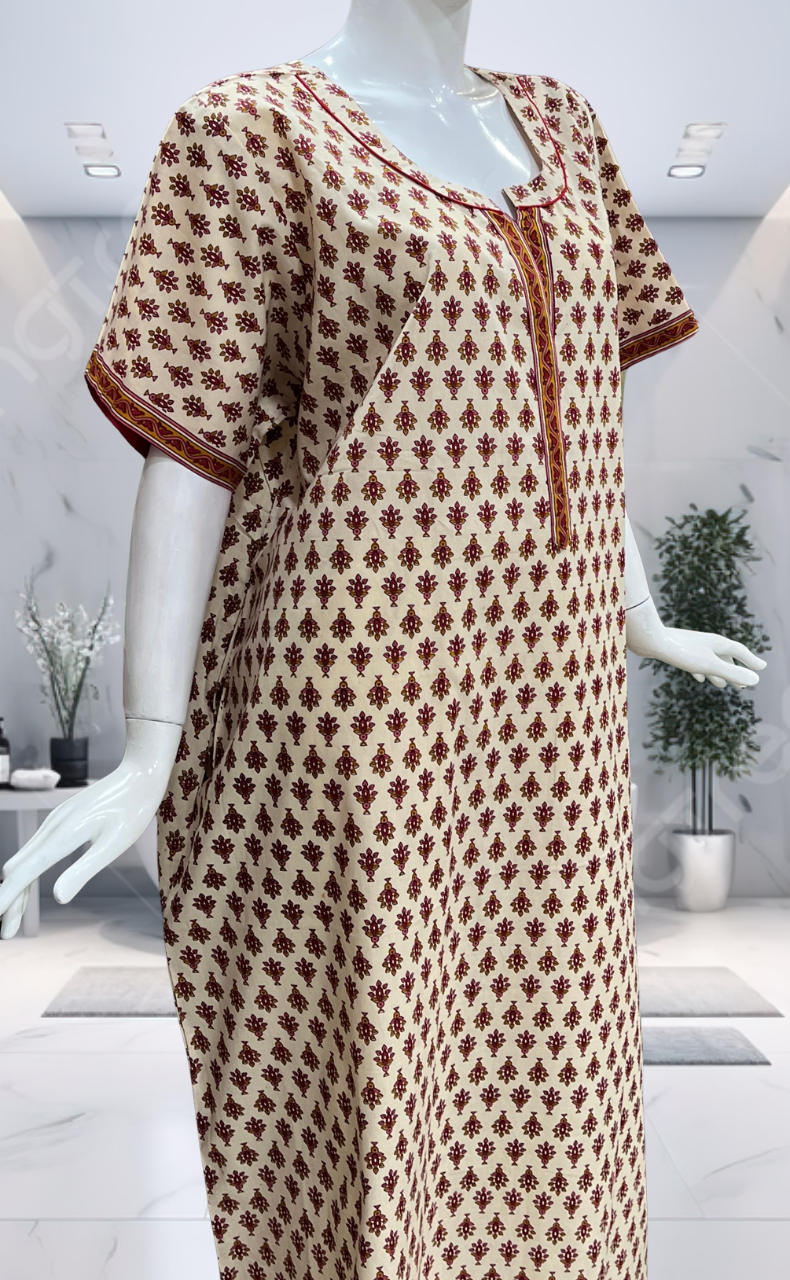 Off White/Red Tiny Flora Pure Cotton Nighty. Pure Durable Cotton | Laces and Frills