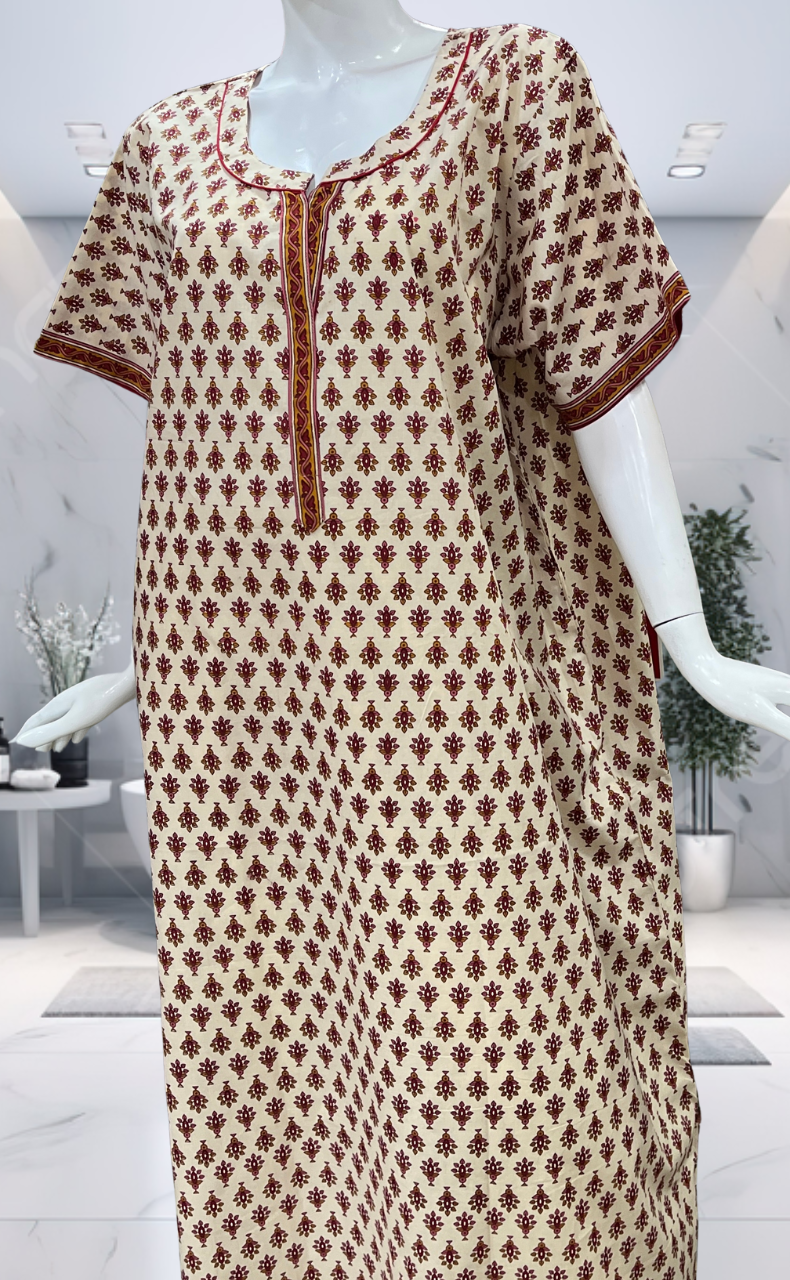 Off White/Red Tiny Flora Pure Cotton Nighty. Pure Durable Cotton | Laces and Frills