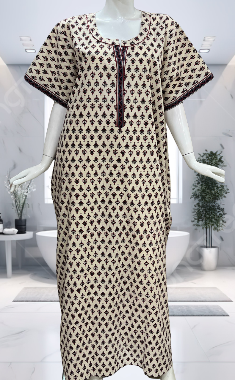 Off White/Black Tiny Flora Pure Cotton Nighty. Pure Durable Cotton | Laces and Frills