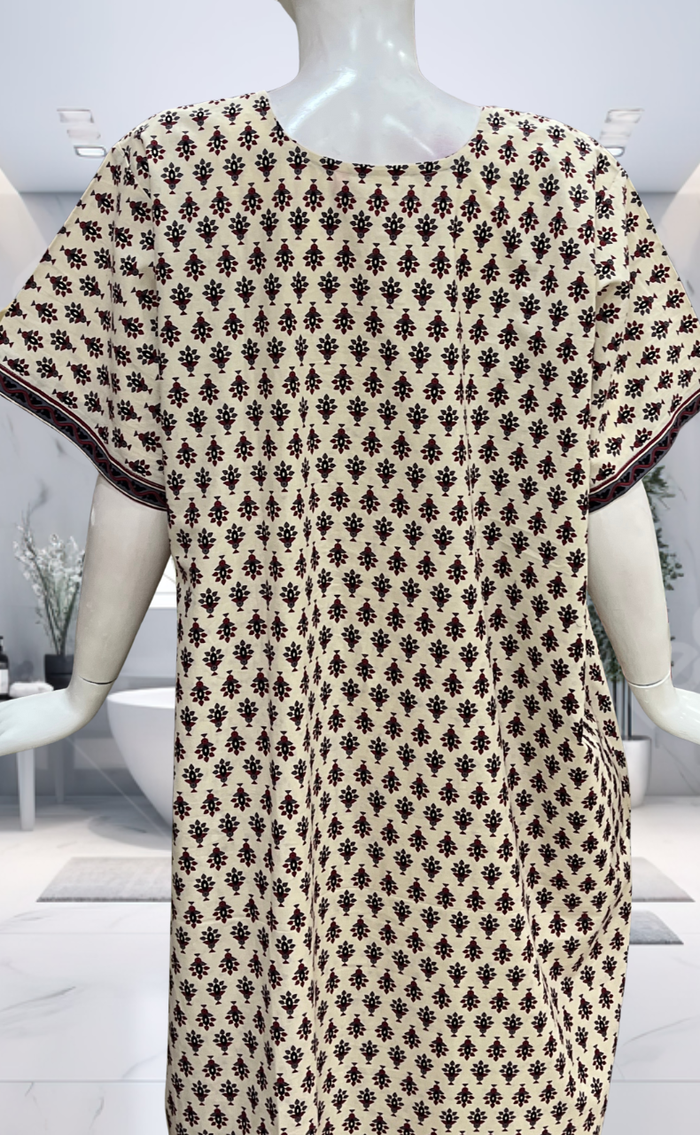 Off White/Black Tiny Flora Pure Cotton Nighty. Pure Durable Cotton | Laces and Frills