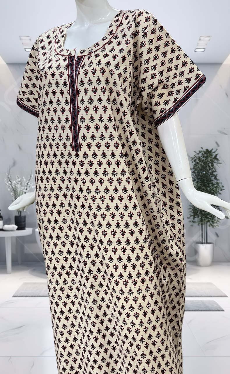 Off White/Black Tiny Flora Pure Cotton Nighty. Pure Durable Cotton | Laces and Frills