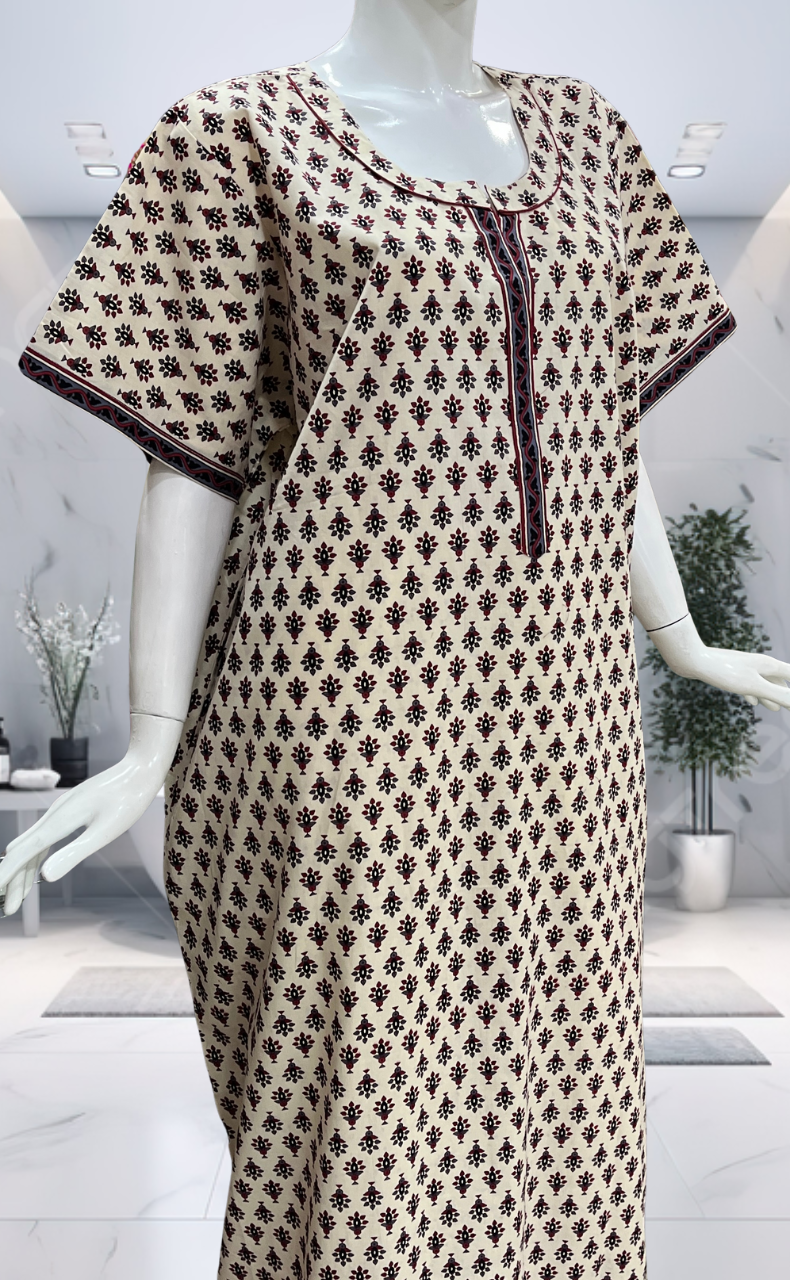 Off White/Black Tiny Flora Pure Cotton Nighty. Pure Durable Cotton | Laces and Frills