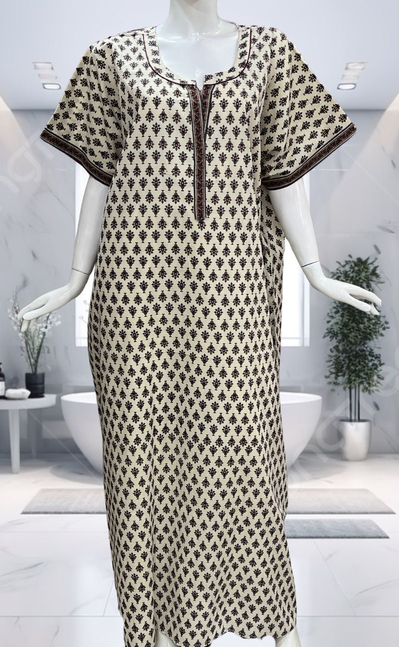 Off White/Maroon Tiny Flora Pure Cotton Nighty. Pure Durable Cotton | Laces and Frills