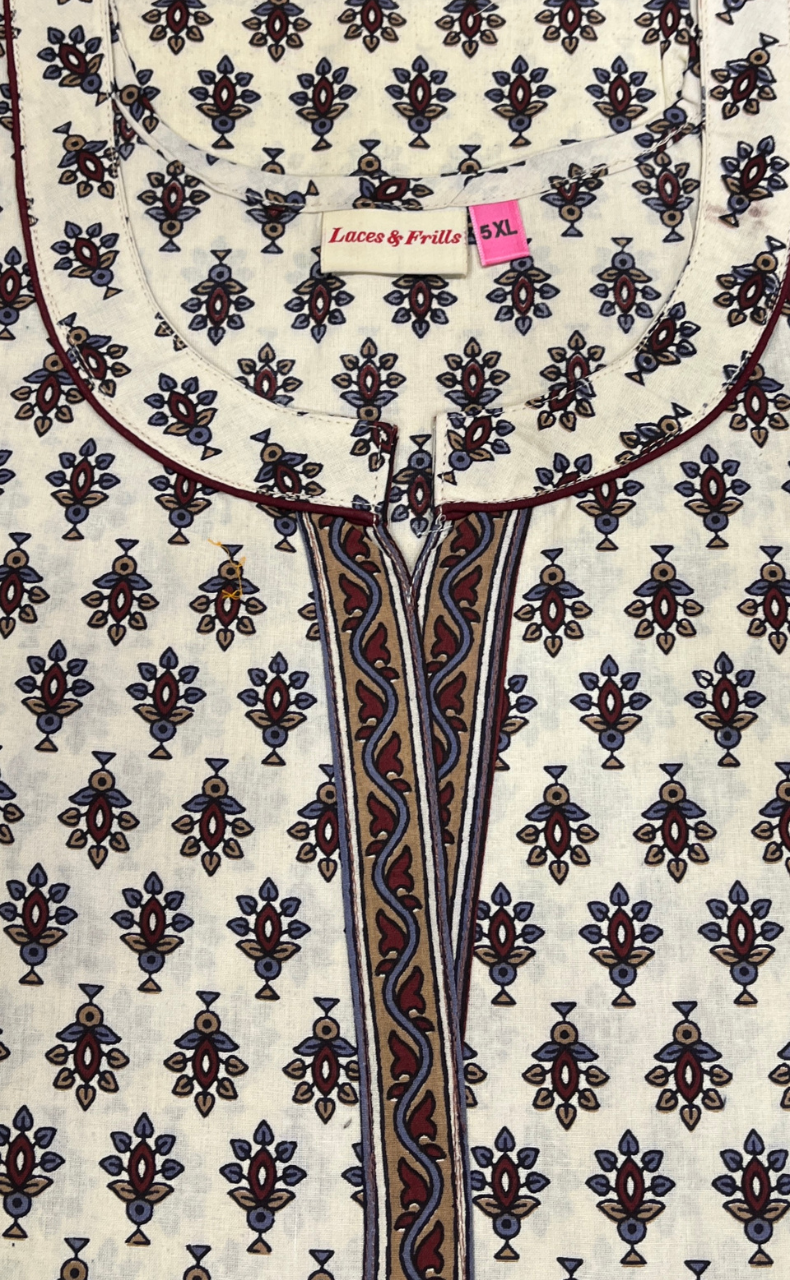 Off White/Maroon Tiny Flora Pure Cotton Nighty. Pure Durable Cotton | Laces and Frills