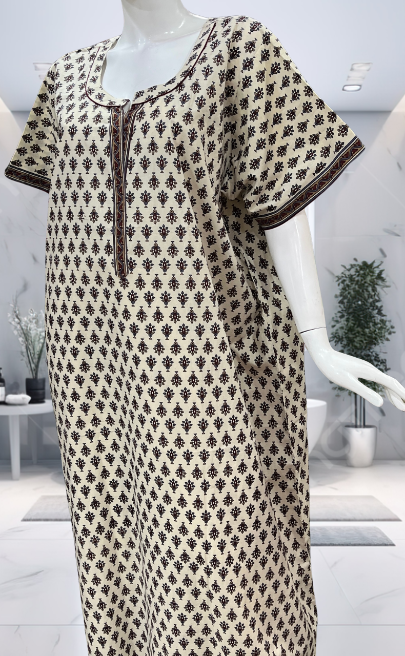 Off White/Maroon Tiny Flora Pure Cotton Nighty. Pure Durable Cotton | Laces and Frills