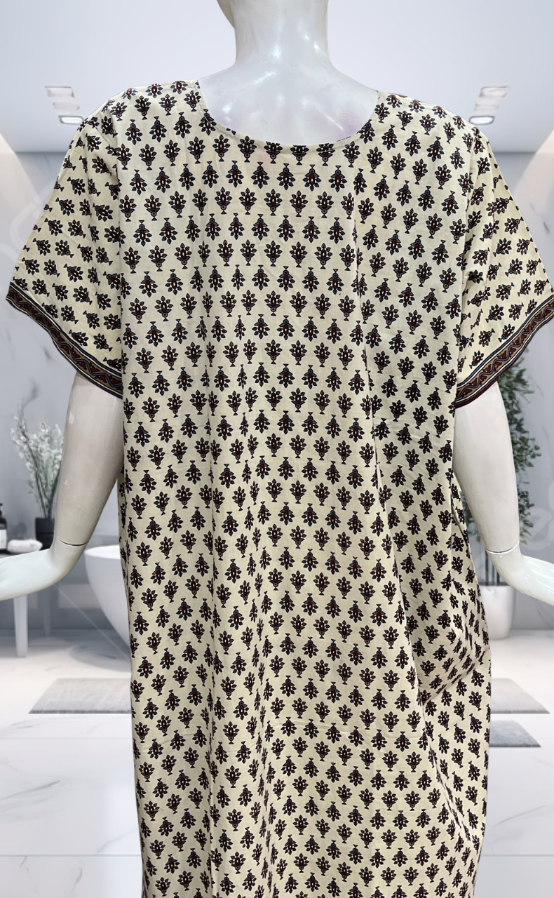 Off White/Maroon Tiny Flora Pure Cotton Nighty. Pure Durable Cotton | Laces and Frills