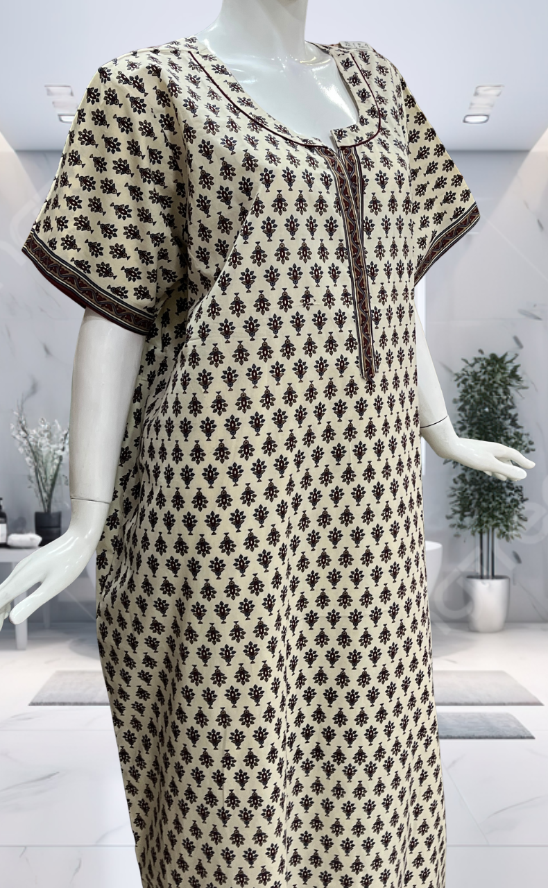 Off White/Maroon Tiny Flora Pure Cotton Nighty. Pure Durable Cotton | Laces and Frills