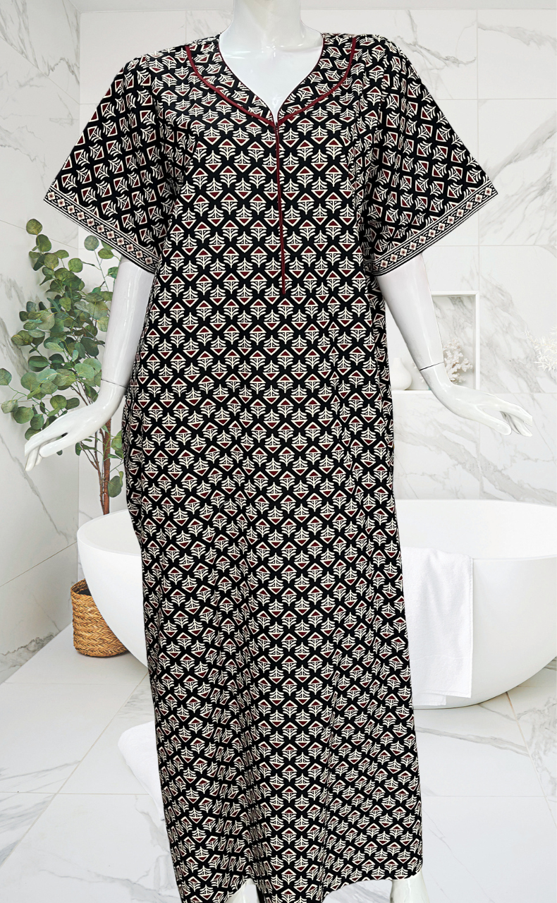 Black Ethnic Print Pure Cotton Nighty. Pure Durable Cotton | Laces and Frills