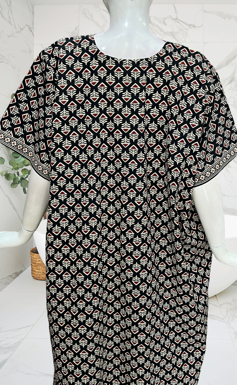 Black Ethnic Print Pure Cotton Nighty. Pure Durable Cotton | Laces and Frills