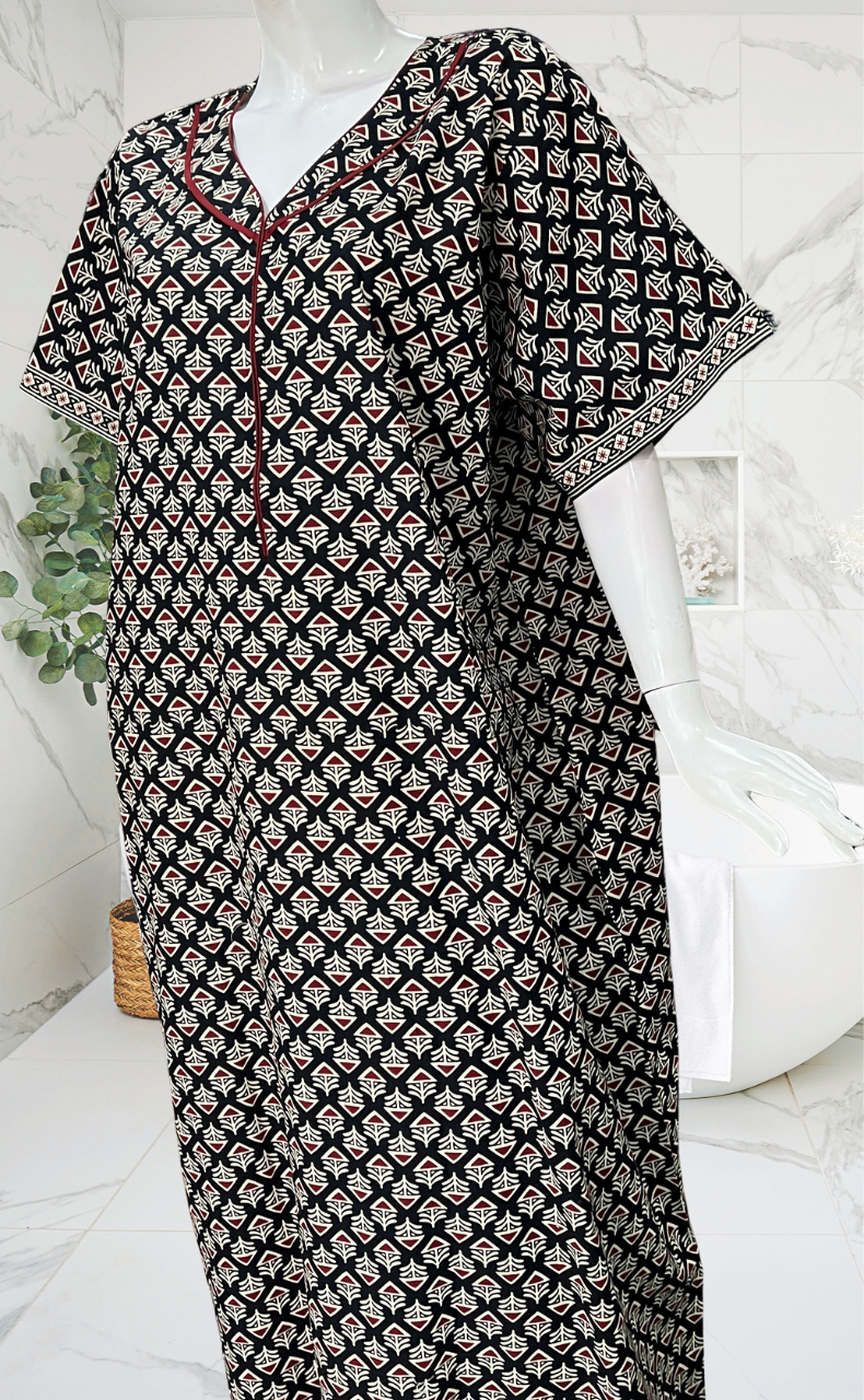 Black Ethnic Print Pure Cotton Nighty. Pure Durable Cotton | Laces and Frills
