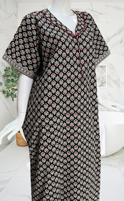 Black Ethnic Print Pure Cotton Nighty. Pure Durable Cotton | Laces and Frills