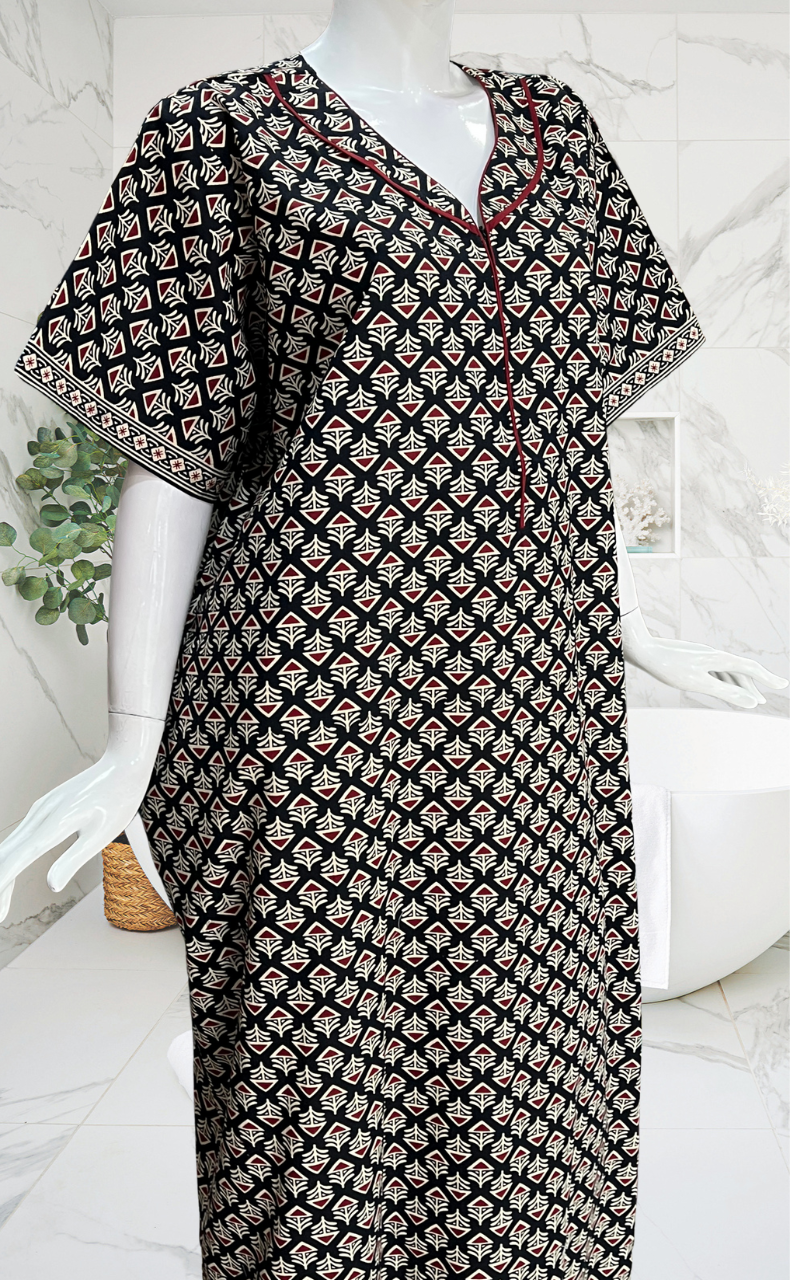 Black Ethnic Print Pure Cotton Nighty. Pure Durable Cotton | Laces and Frills