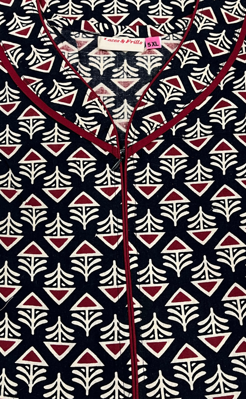 Black Ethnic Print Pure Cotton Nighty. Pure Durable Cotton | Laces and Frills