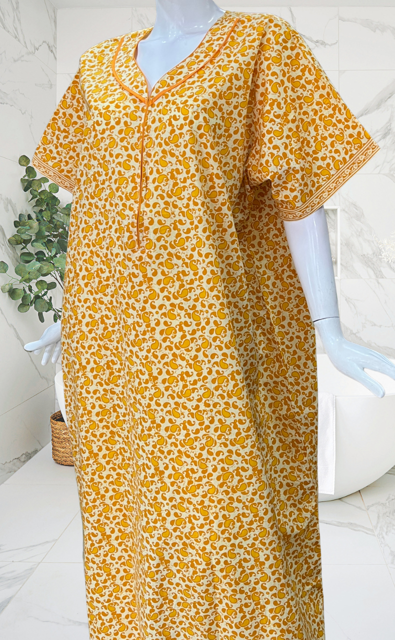 Yellow Paisley Print Pure Cotton Nighty. Pure Durable Cotton | Laces and Frills