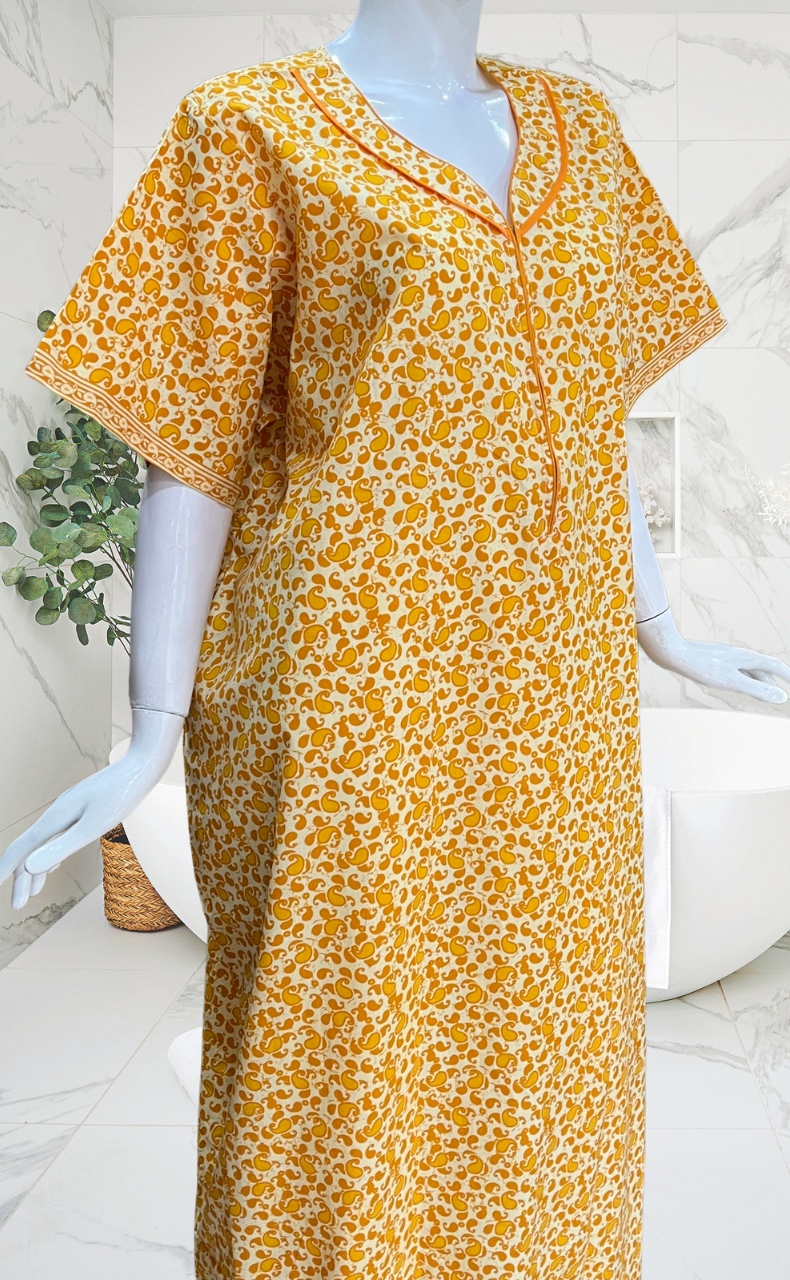 Yellow Paisley Print Pure Cotton Nighty. Pure Durable Cotton | Laces and Frills