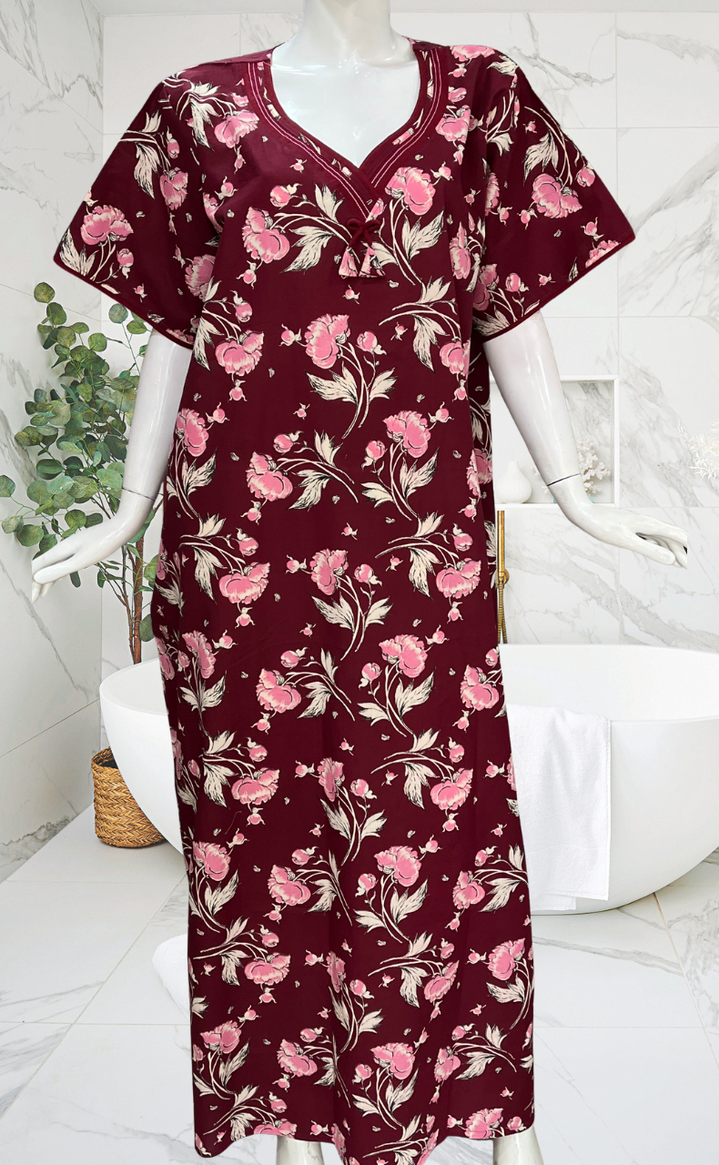 Maroon Garden Pure Cotton Nighty. Pure Durable Cotton | Laces and Frills