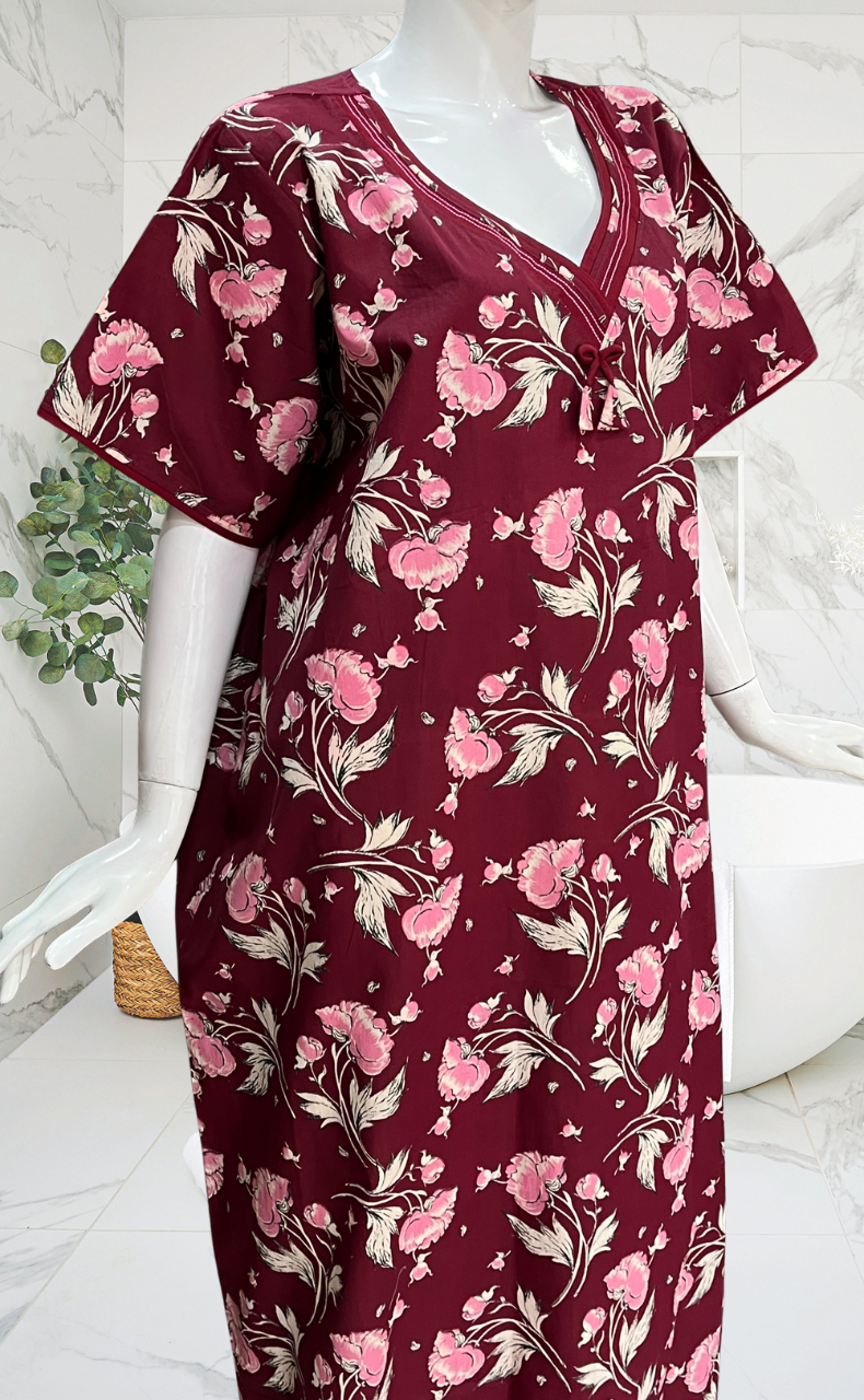 Maroon Garden Pure Cotton Nighty. Pure Durable Cotton | Laces and Frills