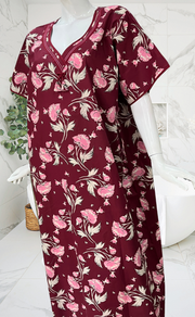 Maroon Garden Pure Cotton Nighty. Pure Durable Cotton | Laces and Frills