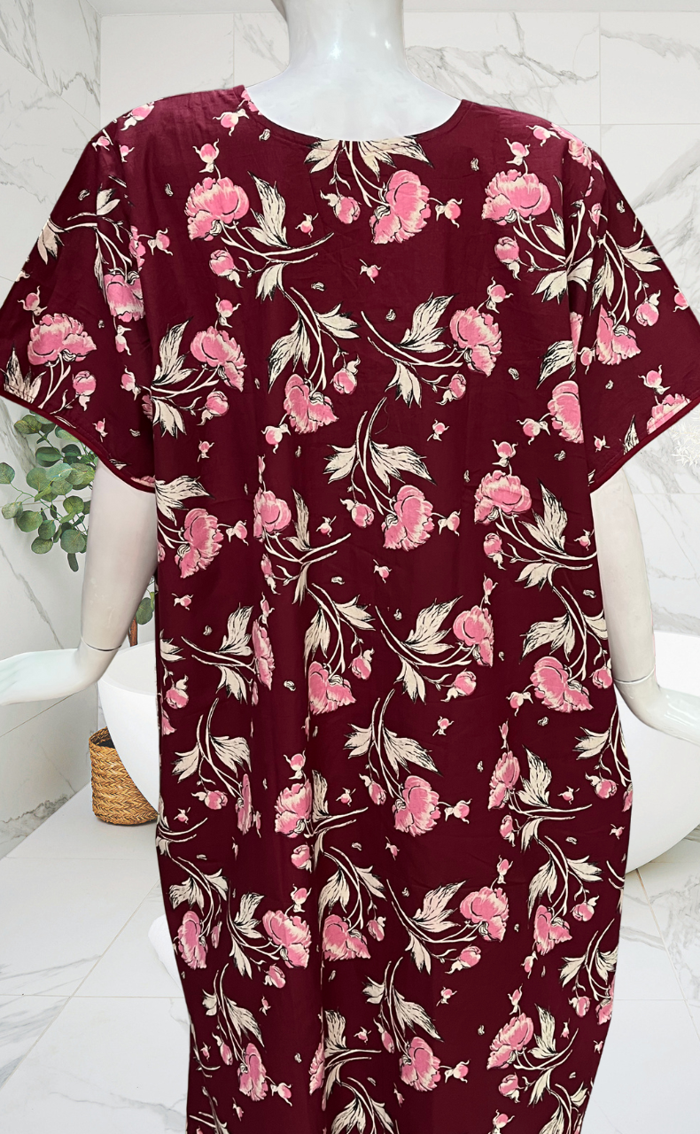Maroon Garden Pure Cotton Nighty. Pure Durable Cotton | Laces and Frills