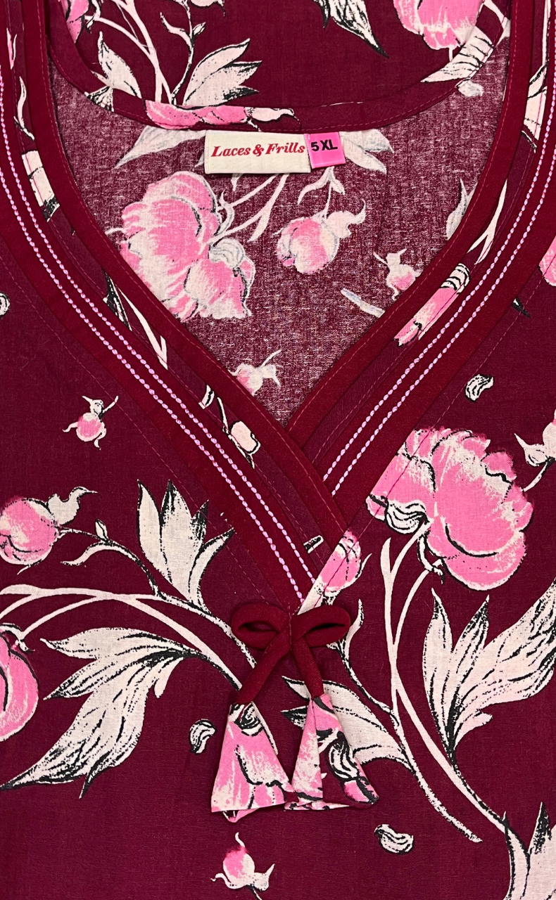 Maroon Garden Pure Cotton Nighty. Pure Durable Cotton | Laces and Frills