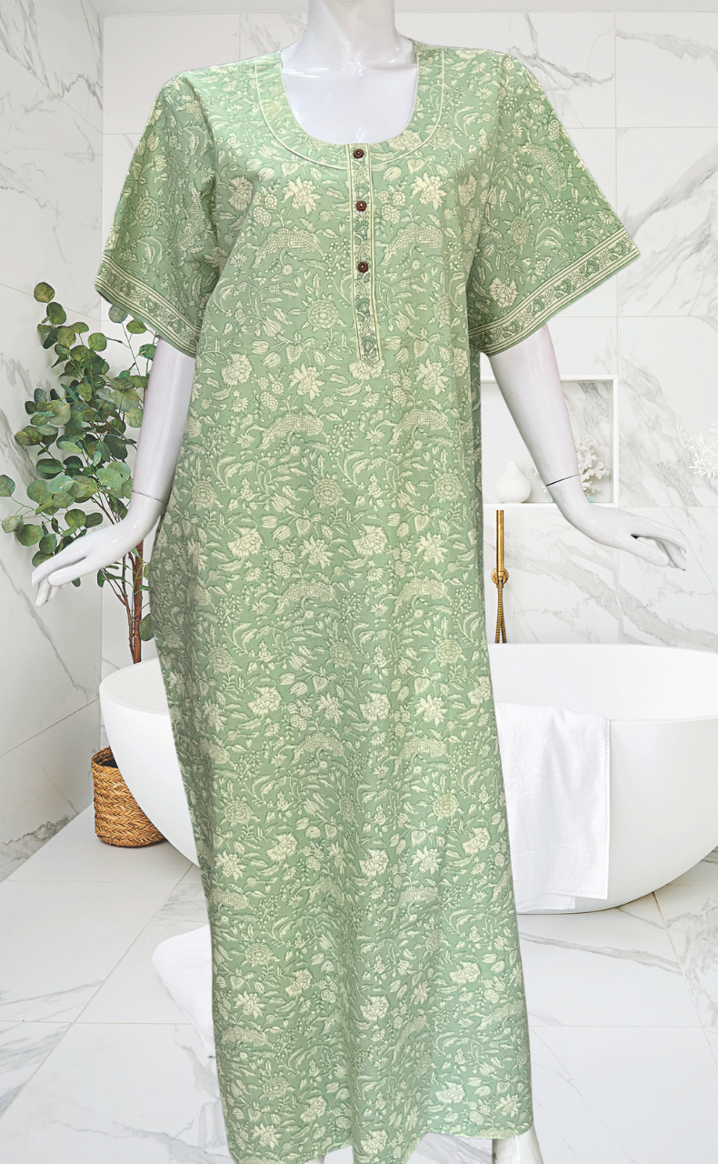 Pista Green Garden Pure Cotton Nighty. Pure Durable Cotton | Laces and Frills